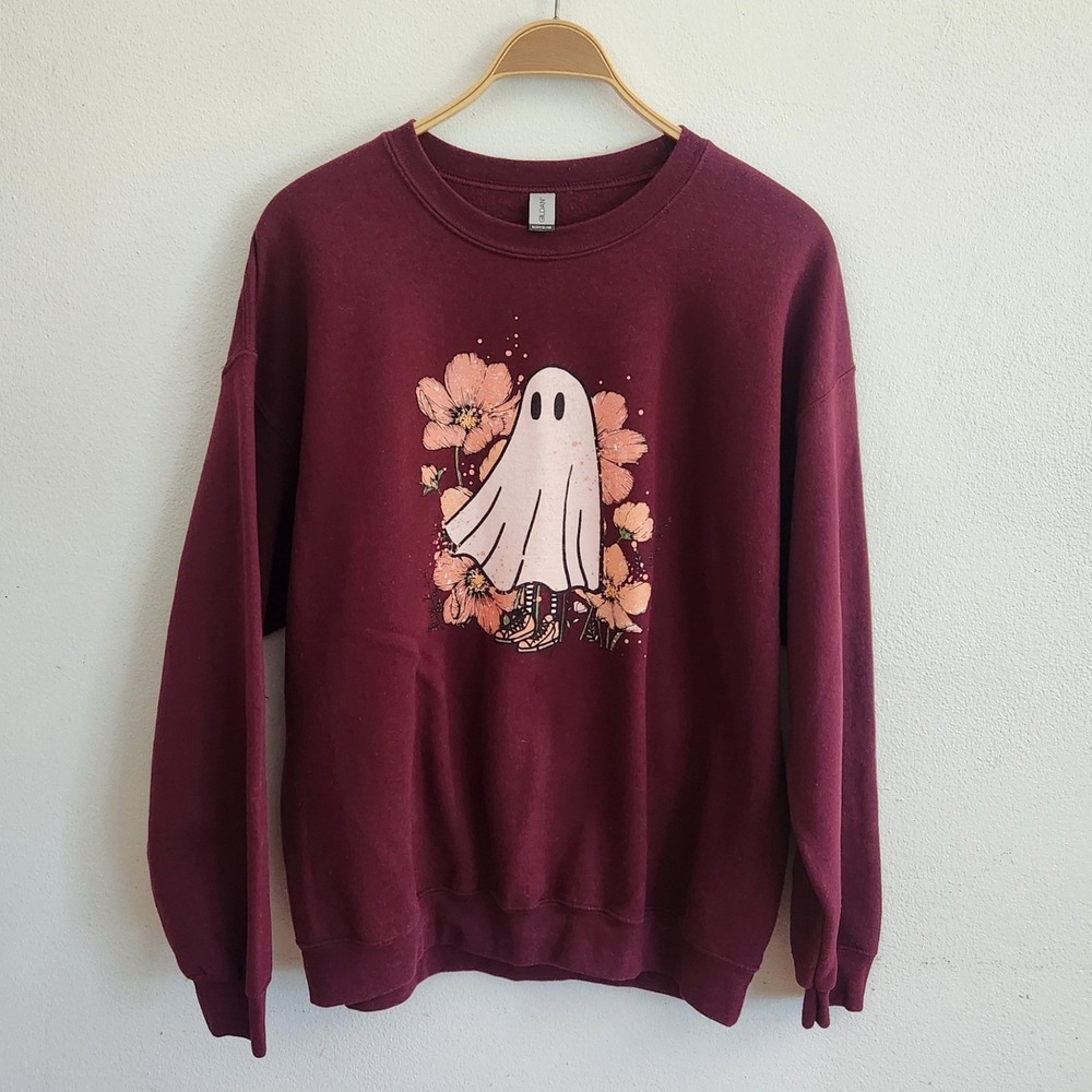 Gildan Heavy Blend Maroon Halloween Floral Ghost Graphic Sweatshirt XL Crewneck